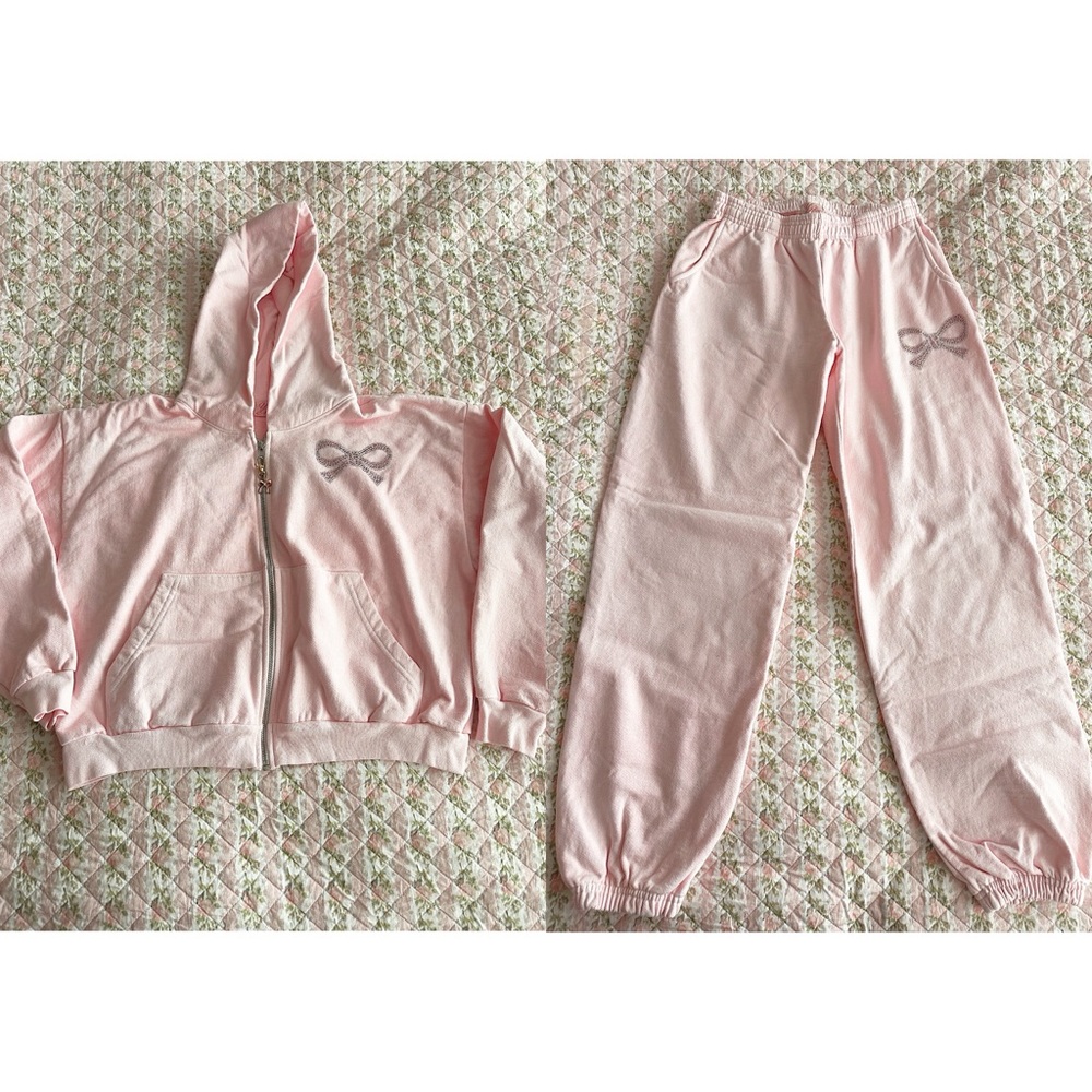 Pink Hoodie and Sweatpants Set with Bow Detail
